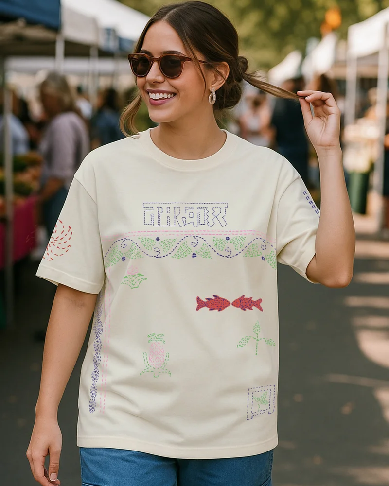 bewakoof Women's Beige Namaskar Graphic Printed Oversized T-shirt